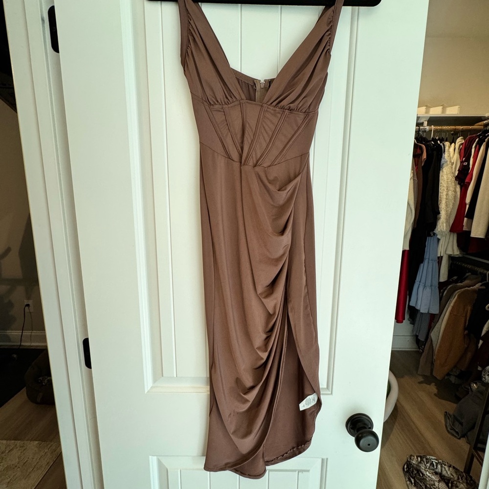 Fashion Nova Asymmetrical Dress in Brown